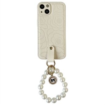 För iPhone 14 Plus Camellia Mönster TPU+PU Läder Stötsäkert skal Pearl Chain Telefonfodral med axelrem