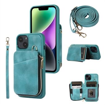 Mobiltelefon Guard Shell för iPhone 14 Plus Plånboksfodral med dragkedja Kickstand PU-läder+TPU-fodral