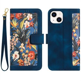 Fodral för Stand i PU-läder för iPhone 14 Plus , korthållare med blommönster för telefonutskrift