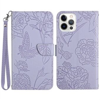 Butterfly Flowers Imprinted Läderfodral för iPhone 14 Pro Max , Stand Plånbok Anti-droppskydd Telefonskydd med praktisk rem