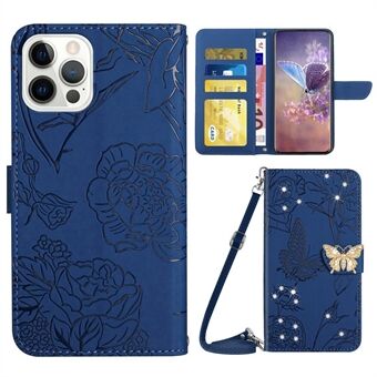 För iPhone 14 Pro Max  Butterfly Flowers Imprinte Rhinestone Decor Telefonskydd Plånbok Handsfree Stand med axelrem