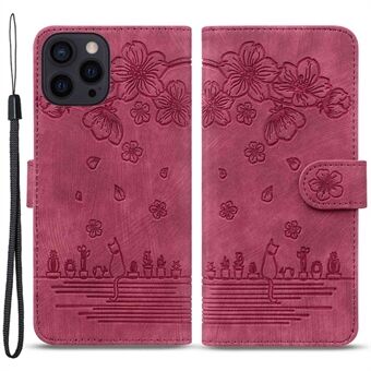 För iPhone 14 Pro Max  Cherry Blossom Cat Stand telefonfodral Läder plånboksställ med rem