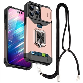 För iPhone 14 Pro Max Kickstand Phone Shell Card Slot Slide Camera Cover PC+TPU Mobiltelefonfodral med rem