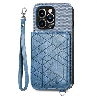 PU-läderbelagd TPU Kickstand-fodral för iPhone 14 Pro Max, plånbok med geometritryckt mobilfodral med rem