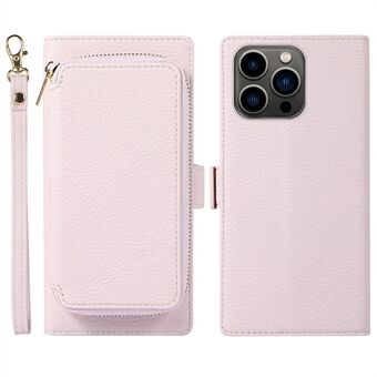 2-i-1 plånboksfodral för iPhone 14 Pro Max Litchi Texture Anti-Fall Cover Magnetisk PU- Stand med blixtlåskortväska/rem