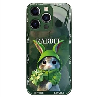 Söt tecknad kaninbaksida till iPhone 14 Pro Max Fallsäkert härdat glas+TPU telefonskyddsfodral
