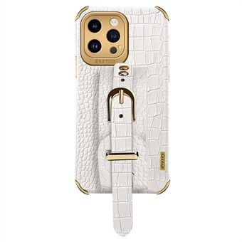 Crocodile Texture Skyddsfodral för iPhone 14 Pro Max Elektropleringstelefonfodral med handrem Kickstand