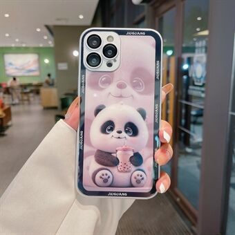 För iPhone 14 Pro Max Milk Tea Panda Mönstertryck Härdat glas+TPU-fodral Telefonskydd med linsfilm