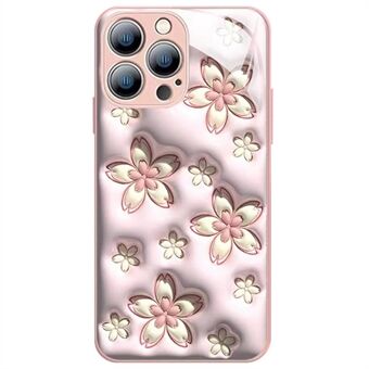 För iPhone 14 Pro Max Anti-drop Cherry Blossom Mönster TPU Bumper + Back Cover i härdat glas