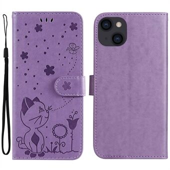 KT Blomstermönstrad serie-4 för iPhone 15, stötsäkert mobilskydd med katttryck i läder, ståfunktion och plånboksetui.