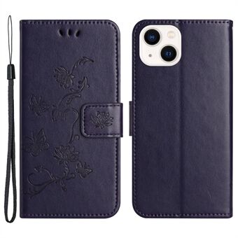 PU-läder plånboksfodral till iPhone 15, fjärilsblommönstrad stativsmartphone-fodral.