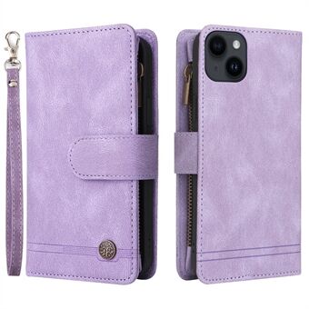Telefonfodral med hudberöring för iPhone 15, dragkedja för ficka, plånbok med tryck, ställ och flera kortplatser i imiterat läder.