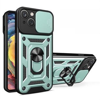 För iPhone 15 Skjutfunktion för kameraobjektiv, stöttålig mobiltelefonväska i PC+TPU-material med ställ för mobiltelefon