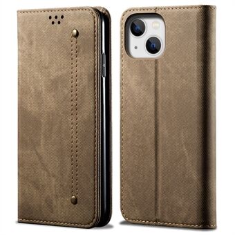 Telefonfodral för iPhone 15, plånboksställ mobilskydd i PU-läder jeansväv-textur