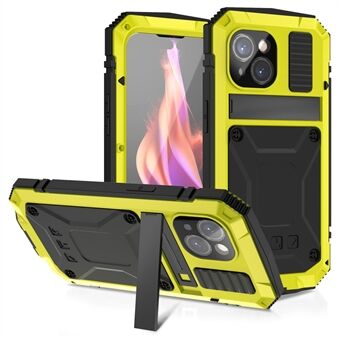R-JUST Fullständigt skyddande ställfodral för iPhone 15, PC+Silikon+Metalltelefonfodral med härdat glasfilm.