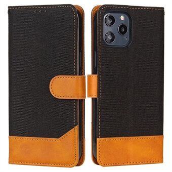 Till iPhone 15 Kalvtextur PU-läder+Canvas+TPU-telefonfodral med vikbart stöd plånboksskal