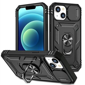 För iPhone 15 Kickstand-telefonfodral PC+TPU Skjutkamera Skyddsfodral med Kortplats