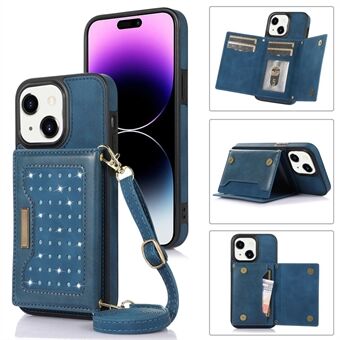 För iPhone 15, RFID-blockerande PU-läder + TPU-telefonväska med rhinestone-dekor. Plånboksfodral med stödben och axelrem.