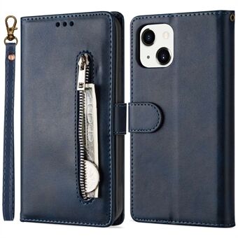 För iPhone 15 dragkedjeficka plånboksfodral i kalvläder med ståfunktion inklusive.