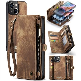 CASEME 008-serien för iPhone 15 Avtagbart läderfodral med stötskydd och plånboksfunktion samt dragkedjeficka.