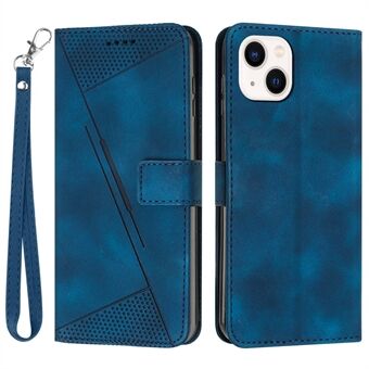 Plånboksfodral för iPhone 15, Präglat triangelmönster av PU-läder, Stående mobilväska med handrem.