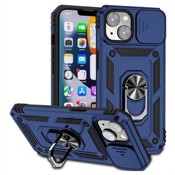 Telefonskal för iPhone 15 med kamera-skydd, metallring, stöd för kickstand och anti-repelent skal av PC + TPU-material.