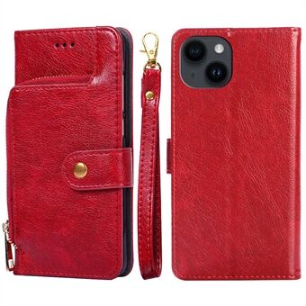 PU-läder plånboksfodral med ficka för iPhone 15, stånd och dragkedja samt rem.