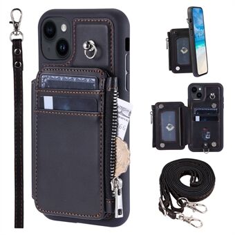 009 För iPhone 15 Stödstativ Mobilskydd RFID-blockerande PU+TPU Zipper Plånboksfodral med Remmar