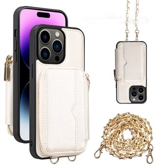 För iPhone 15 Skyddande fodral Ställ med dragkedja plånbok PU-Läder+TPU telefonfodral med kedjestropp