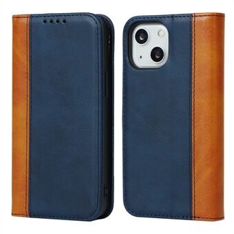 För iPhone 15 PU-läder Tåligt mobilskal i tvåfärgat splicing-mönster med ställ och plånbok.