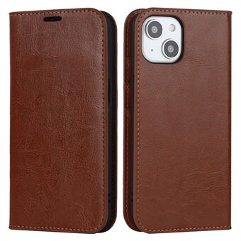 För iPhone 15 galopp textur ståndskal äkta ko-läder plånboksskyddande mobilfodral.