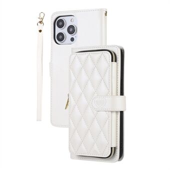 Rhombus Stitching mobilfodral för iPhone 15 med dragkedja, Anti-scratch PU+TPU plånboksfodral med handledsrem.