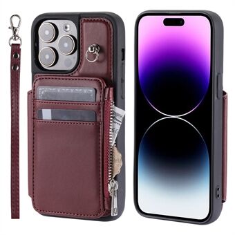 För iPhone 15 RFID-skyddande PU-läder+TPU-telefonfodral med plånboksficka och handledsrem.