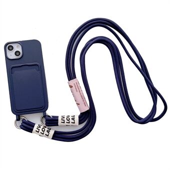 För iPhone 15 Korthållare Mobilskal Mjukt flytande silikonstöttåligt skydd med rem.