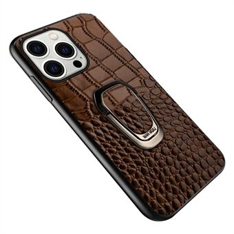 För iPhone 15 Äkta ko-läder TPU-mobilskal med krokodil-textur, stöttålig stödstativ till mobilskal.
