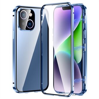 För iPhone 15 Plus rak Kant Telefonfodral Dubbla Sidor härdat glas Metallram Magnetiskt skydd med spänne