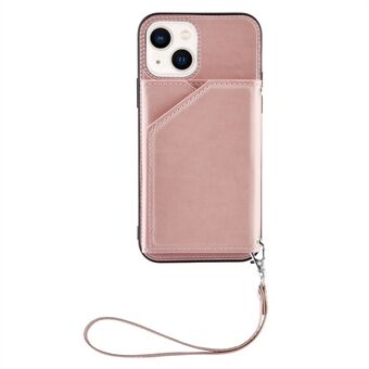 YB Leather Coating Serie-2 för iPhone 15 Plus Kickstand Telefonfodral i läder + TPU-korthållare med rem.