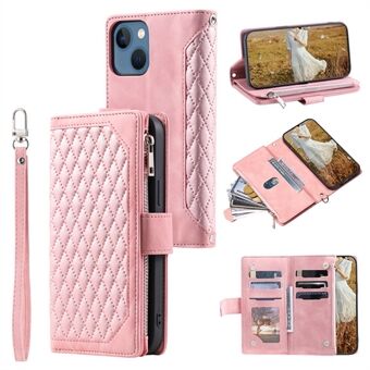 För iPhone 15 Plus PU läder-mobilfodral med diamantmönster, tryckt blixtlåsficka plånboksväska med ställ och rem.