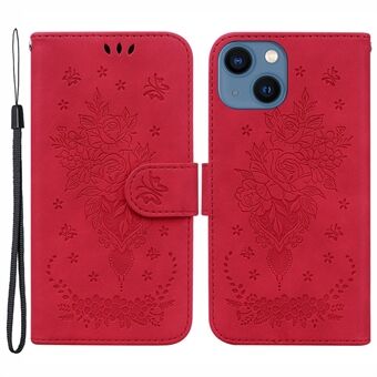 Ståplånboksfodral för iPhone 15 Plus, rosafärgat fjärilspräglat läderöverdrag för telefon