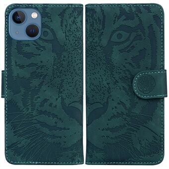 För iPhone 15 Plus PU-läder Påtryckt Tiger Mobilskal Plånbok Ställningsfodral med Anti-drop skydd.