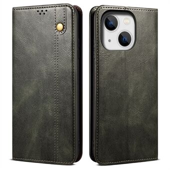 Stativtelefonfodral för iPhone 15 Plus, Waxy Crazy Horse Textur plånbok PU-läderväska till mobiltelefon.