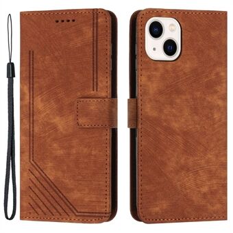 PU-läder plånboksfodral för iPhone 15 Plus, skin-touch-stativ med präglade linjer för smartphones