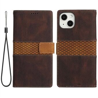 Grid Splicing Telefonfodral i läder för iPhone 15 Plus, Plånboksfodral med ställ och rem.