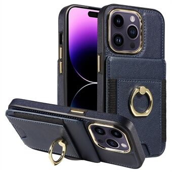 För iPhone 15 Plus PU-läder+TPU-ring ställfodral kortplatser RFID-blockeringsskydd telefonfodral.