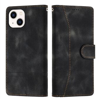 L002 Sy PU-läder plånboksfodral för iPhone 15 Plus, Linjer präglade stående retro-telefonfodral