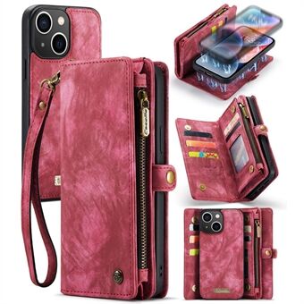 CASEME 008-serien för iPhone 15 Plus med dragkedjeficka, avtagbart läderfodral med plånbok och stångfunktion för mobiltelefonen.