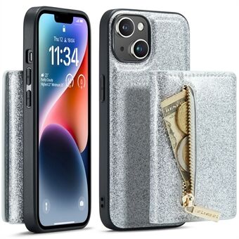 DG.MING M3-serien För iPhone 15 Plus Kickstand-plånboksfodral Glittrigt läderklädd PC+TPU Avtagbar magnetisk telefonfodral