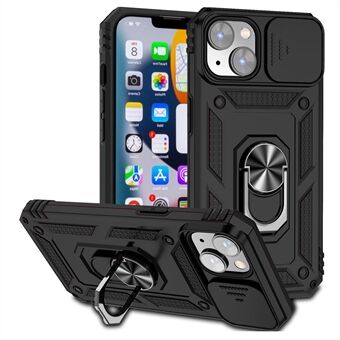 Skjutbar kamera skyddsskal för iPhone 15 Plus, Telefonfodral med metallring och stödben, PC + TPU-skydd