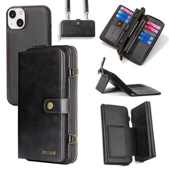 MEGSHI 020-serien för iPhone 15 Plus, avtagbart 2-i-1-vikbart ställ plånboksfodral av PU-läder, multifunktionellt mobiltelefonskydd.