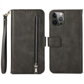 För iPhone 15 Plus Calf Texture Zipper Wallet Stand Telefonfodral i PU-läder med 5 kortplatser.